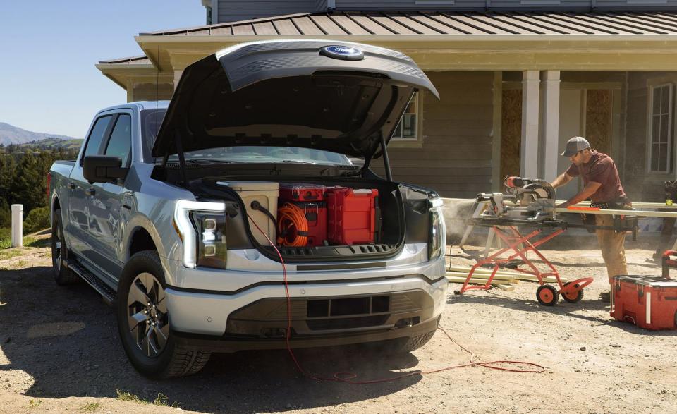 <p>The F-150 goes electric! Ford puts its most advanced technology into its first all-electric pickup—one that, on the outside, looks mostly like the current fourteenth-generation F-150. The <a href="https://www.caranddriver.com/ford/f-150-lightning" rel="nofollow noopener" target="_blank" data-ylk="slk:Lightning;elm:context_link;itc:0;sec:content-canvas" class="link ">Lightning</a> is sold as an all-wheel drive crew-cab model only, and due to its lower center of gravity and heavy curb weight, drives like no other F-150 before it. </p>