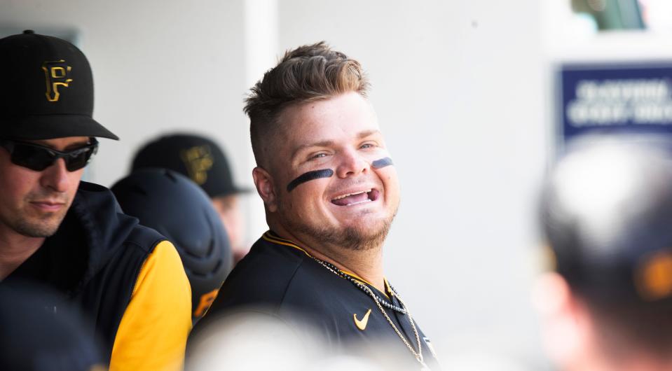 Daniel Vogelbach of the Pittsburgh Pirate reacts with his team before playing in a spring training game against the Minnesota Twins at Hammond Stadium on Wednesday, March 30, 2022. He is a Bishop Verot graduate and this is the first time as a pro that he is playing spring training in Fort Myers.