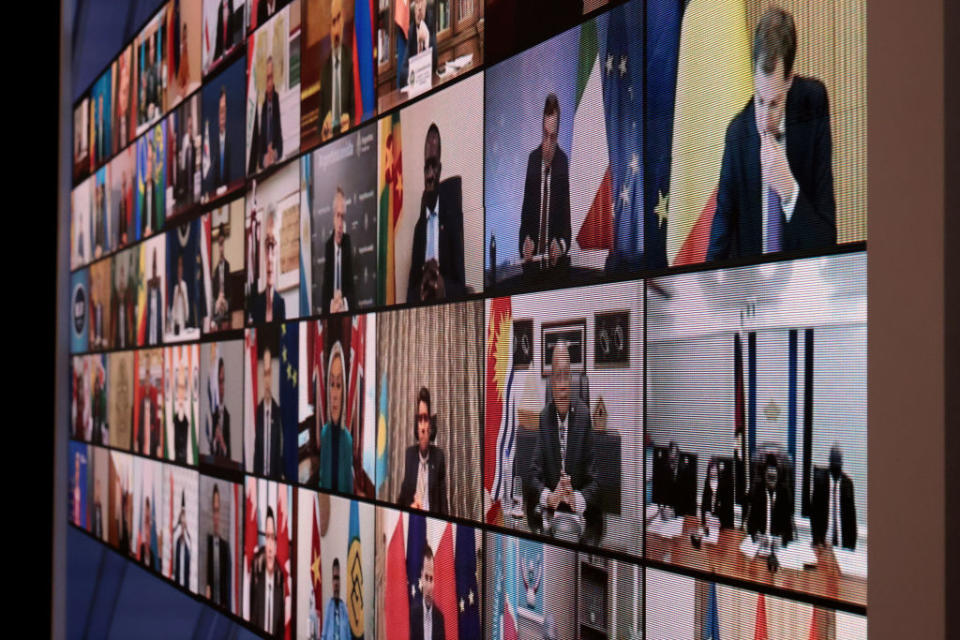 A video wall displaying the participants in the White House's Summit for Democracy stands in the South Court Auditorium on December 09, 2021 in Washington, DC.<span class="copyright">Chip Somodevilla/Getty Images</span>