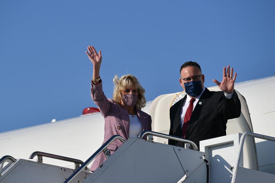 US First Lady Jill Biden and Education Secretary Miguel Cardona arrive at Erie International Airport in Erie, Pennsylvania, on March 3, 2021. - Biden and Cardona will tour Fort LeBoeuf Middle School in Waterford, Pennsylvania. (Photo by MANDEL NGAN / POOL / AFP) (Photo by MANDEL NGAN/POOL/AFP via Getty Images)