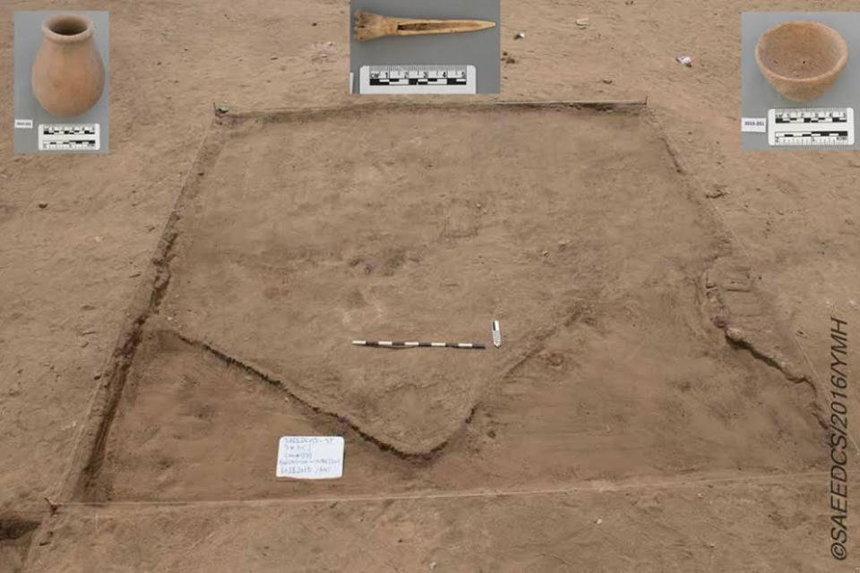 One of the houses excavated in the newly discovered 5,000-year-old city at Abydos was made mostly from organic materials that are now decomposed. Inside the house, archaeologists found pottery and stone tools. <cite>Egyptian Ministry of Antiquities</cite>