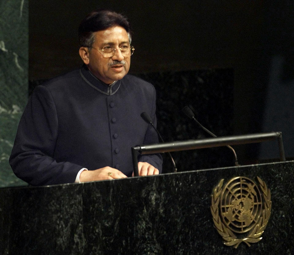 FILE - Pakistani President Gen. Pervez Musharraf addresses the U.N. General Assembly on Nov. 10, 2001, at the United Nations headquarters in New York. An official said Sunday, Feb. 5, 2023, Gen. Pervez Musharraf, Pakistan military ruler who backed US war in Afghanistan after 9/11, has died. (AP Photo/Beth Keiser, File)