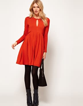 Long-Sleeve Smock Dress with Keyhole