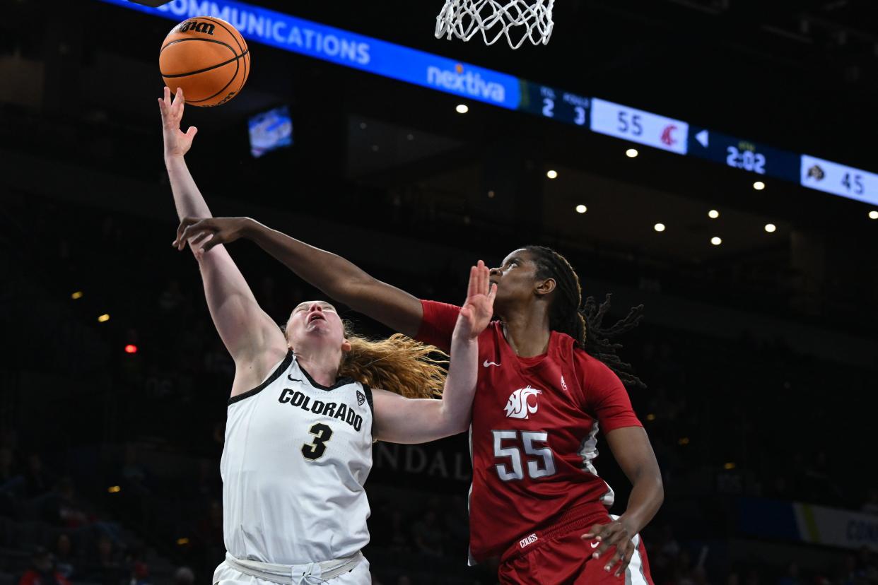 Colorado Buffaloes guard Frida Formann (3) is blocked by Washington State Cougars center Bella Murekatete (55) in the fourth quarter at Michelob Arena March 3, 2023, in Las Vegas.