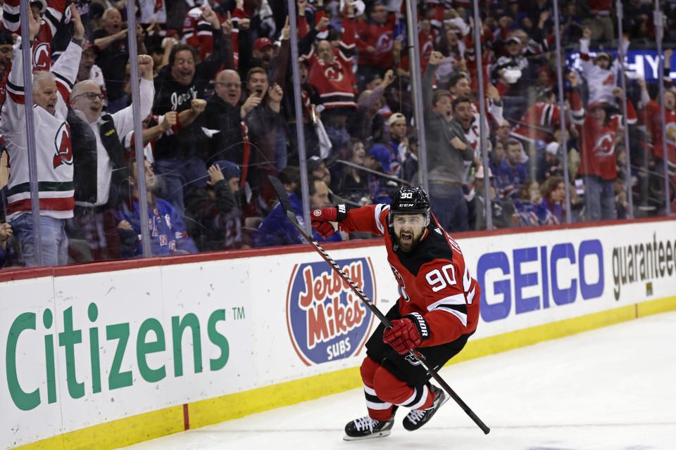 New Jersey Devils left wing Tomas Tatar (90) reacts after scoring a goal against the New York Rangers during the second period of Game 7 of an NHL hockey Stanley Cup first-round playoff series Monday, May 1, 2023, in Newark, N.J. (AP Photo/Adam Hunger)