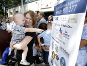 FILE - In this June 30, 2015, file photo, Jennifer Wonnacott holds her son, Gavin, as he points to a sign showing supporters of a measure requiring nearly all California school children to be vaccinated, at a news conference after the State Bill 277 was signed by Gov. Jerry Brown in Sacramento, Calif. State health officials say the number of measles cases in 2019 is up in California with cases stretching across 11 counties and affecting patients from 5 months to 55 years of age. Dr. Karen Smith, director of the California Department of Public Health, says more than 76% of patients were not vaccinated or didn't receive the recommended two doses of vaccine. Fourteen of those infected had traveled overseas to countries including Philippines, Thailand, India and Ukraine. Measles symptoms include high fever, a cough and a rash. (AP Photo/Rich Pedroncelli, File)