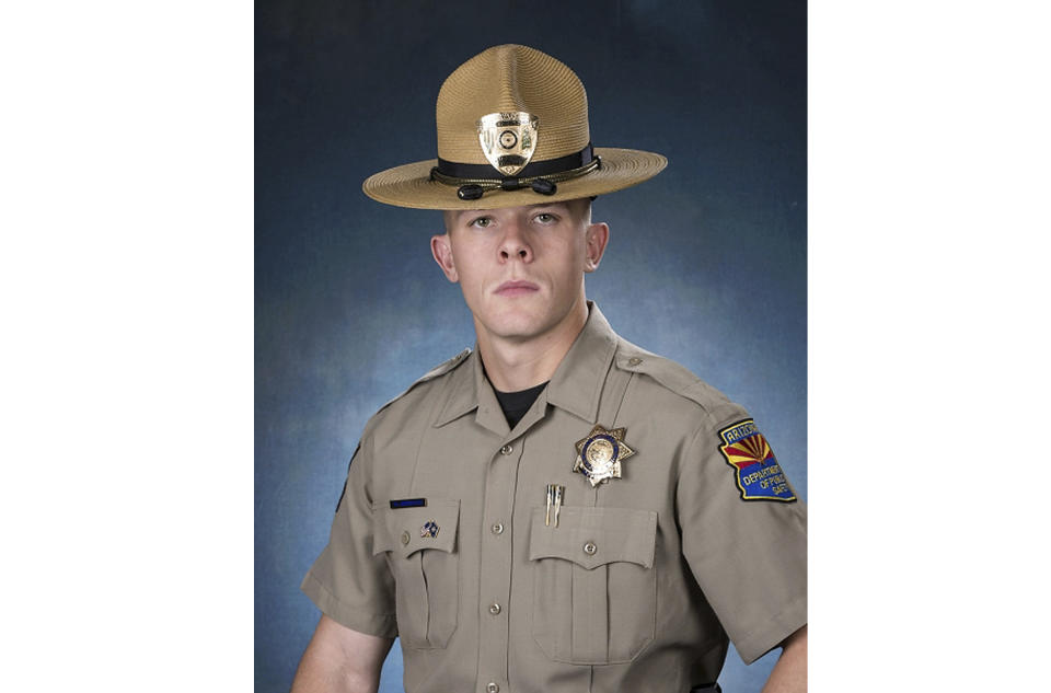 FILE - This undated photo provided by the Arizona Department of Public Safety shows Arizona State Trooper Tyler Edenhofer. Arizona's public safety officials said Sunday, July 29, 2018, that suspect Isaac King has been charged in the murder of Edenhofer, a rookie state trooper still in training. (Arizona Department of Public Safety via AP, File)