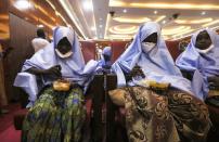 Girls who were kidnapped from a boarding school in the northwest Nigerian state of Zamfara, are seen after their release in Zamfara, Nigeria