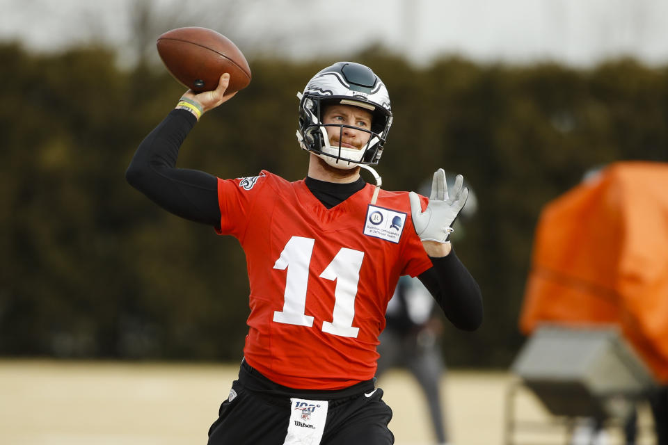 Philadelphia Eagles quarterback Carson Wentz throws a pass at the NFL football team's practice facility in Philadelphia, Thursday, Jan. 2, 2020. The Seattle Seahawks travel to Philadelphia to play the Eagles in an NFC wild-card matchup on Sunday. (AP Photo/Matt Rourke)