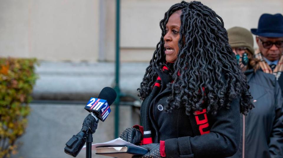 Teresa Haley, President, NAACP Illinois State Conference, speaks outside of the Federal Courthouse in East St. Louis.  Haley and others gave an update on the lawsuit filed earlier this month in federal court challenging Illinois lawmakers and officials on a state redistricting map (SB 927).