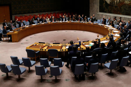 The United Nations Security Council vote on a resolution to expand its North Korea blacklist after the Asian state's repeated missile tests, at the U.N. headquarters in New York, U.S., June 2, 2017. REUTERS/Mike Segar