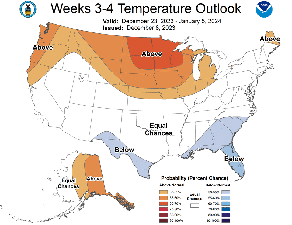 Three-four week outlook for Dec. 23, 2023 - Jan. 5, 2024.