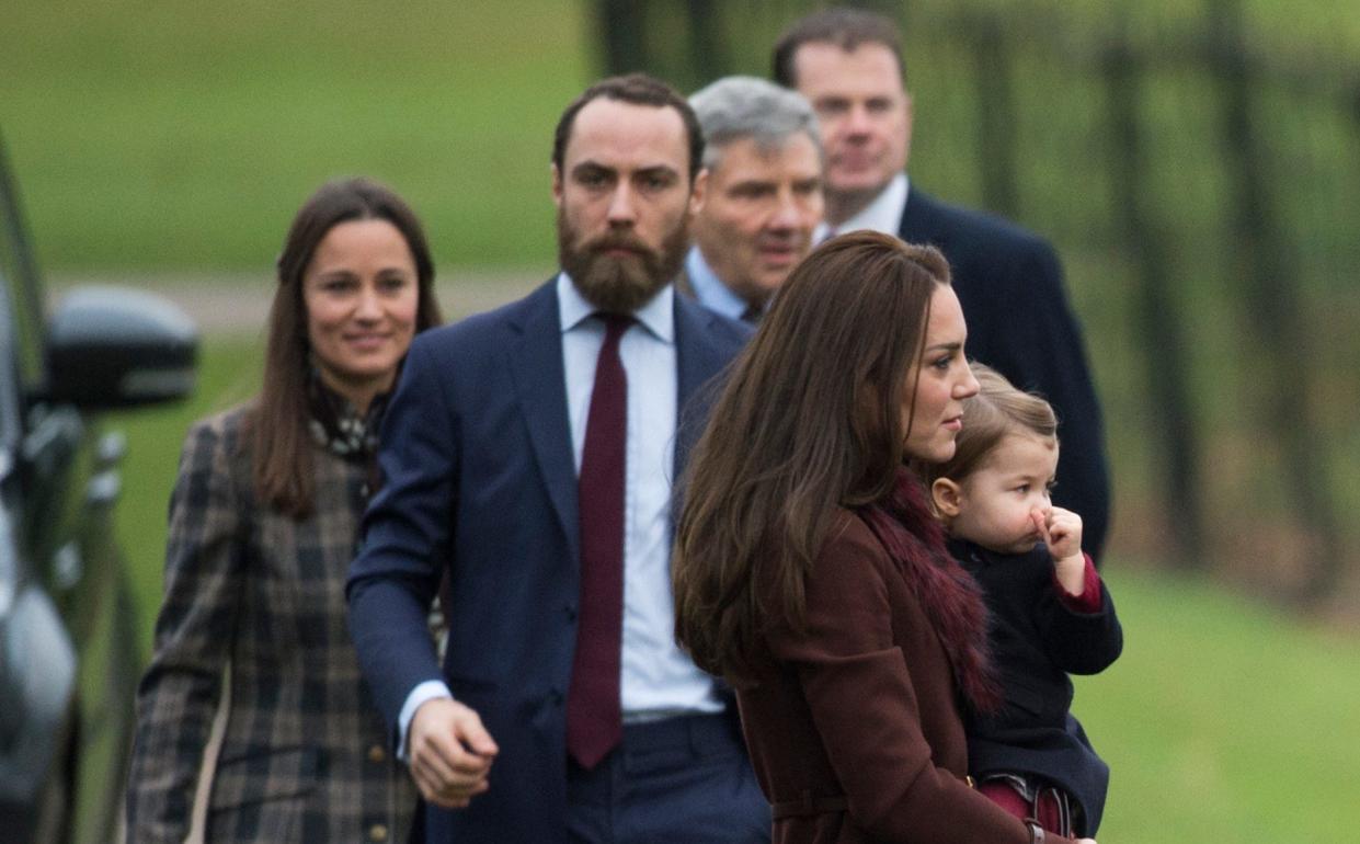 Pippa Middleton, James, his father Michael and the Duchess of Cambridge with Princess Charlotte on Christmas Day, 2016, at the family home Bucklebury Manor