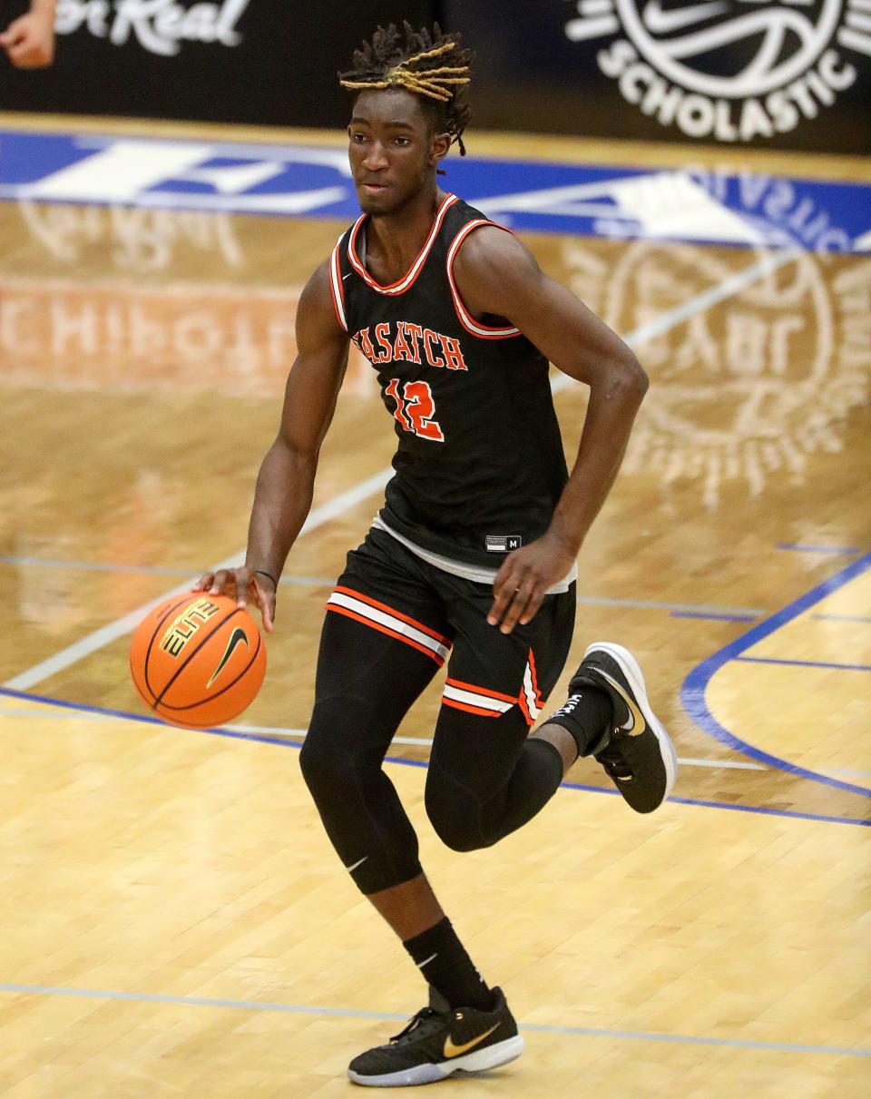 Wasatch Academy’s Chris Nwuli dribbles during a National Hoopfest Utah Tournament game against Montverde Academy at Pleasant Grove High School in Pleasant Grove on Monday, Nov. 20, 2023. Montverde won 88-53. | Kristin Murphy, Deseret News