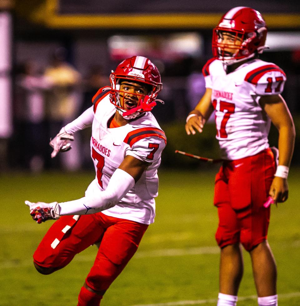 Bradford defensive back C.J. Carn celebrates an interception against Palatka on Oct. 28.