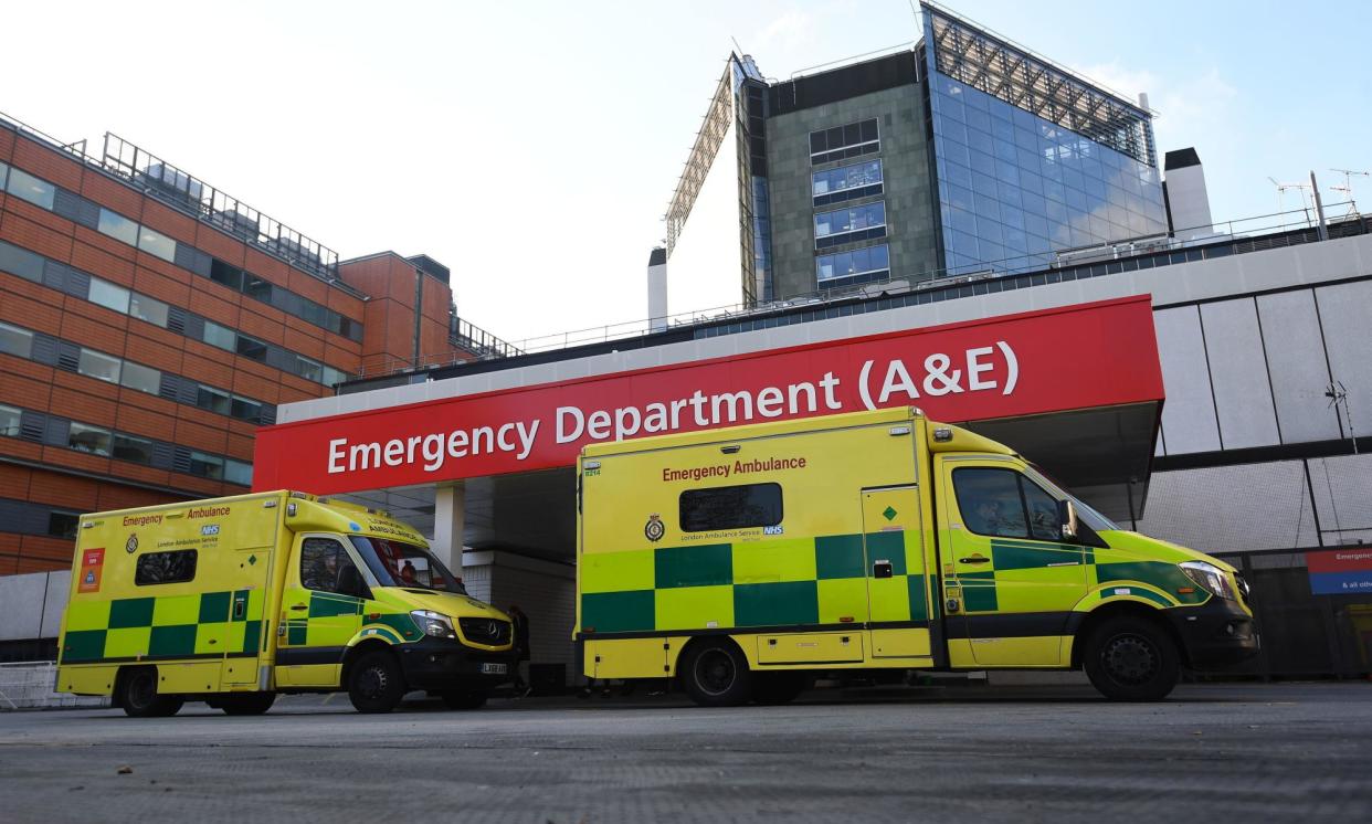 <span>NHS ambulances parked outside the accident and emergency department of St Thomas' hospital in London.</span><span>Photograph: Victoria Jones/PA</span>