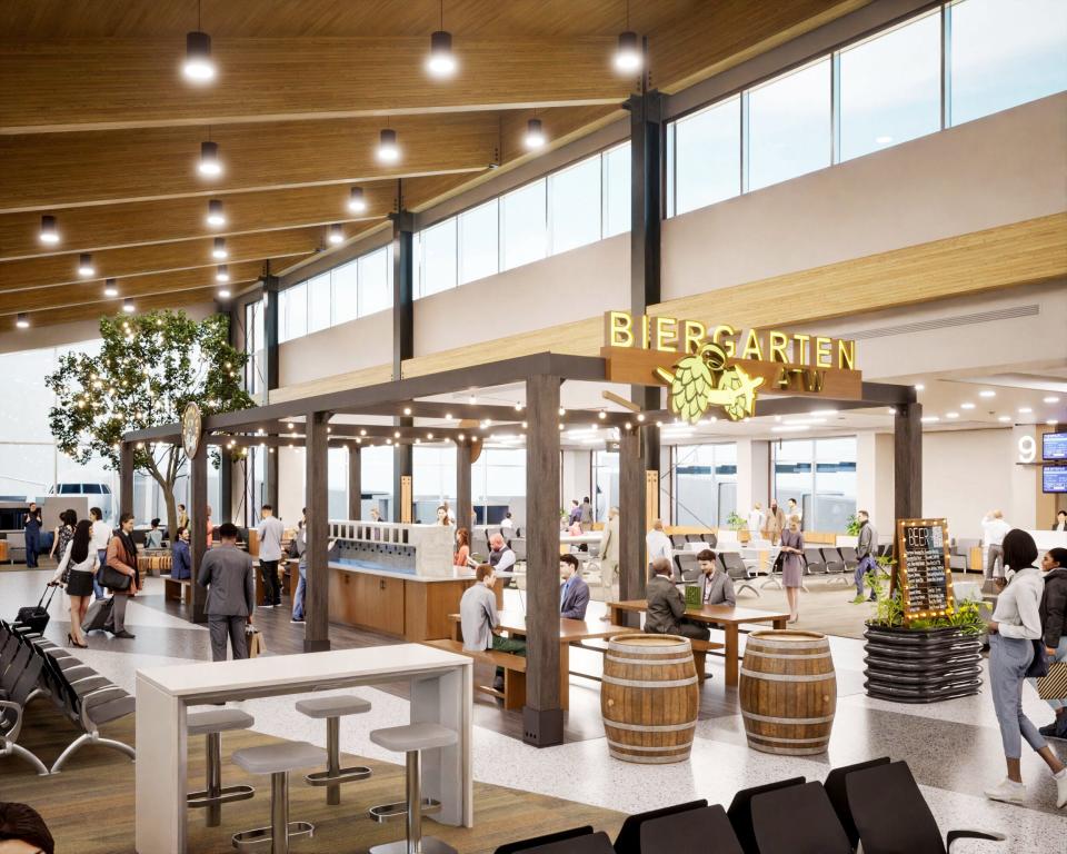 A rendering of the new biergarten at Appleton International Airport, which is part of a $66 million expansion project that will double the size of its terminal.