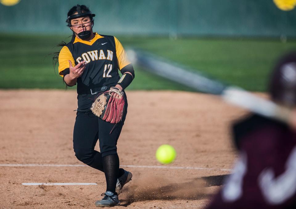 Cowan softball's Tatum Rickert pitches against Wes-Del during their game at Wes-Del High School Thursday, April 14, 2022.