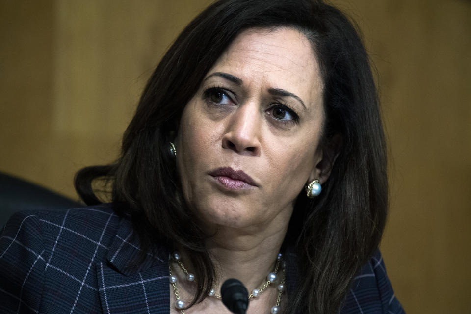 In this June 25, 2020, photo, Sen. Kamala Harris, D-Calif., attends a Senate Homeland Security and Governmental Affairs Committee hearing on Capitol Hill in Washington. Seven months after ending her presidential bid, Harris is at another crossroads moment in her political career. (Tom Williams/Pool via AP)