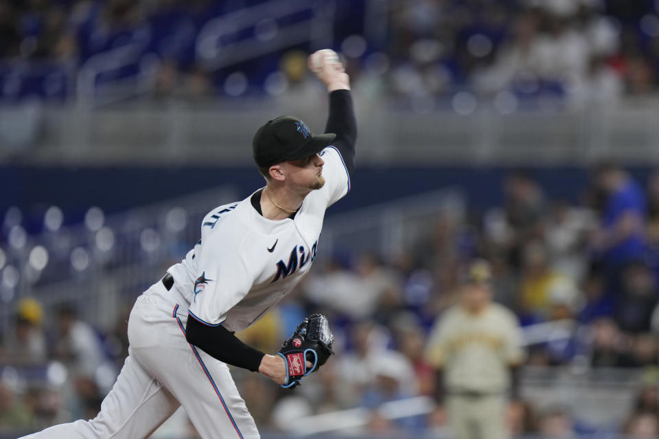 Miami Marlins' Braxton Garrett delivers a pitch during the first inning of a baseball game against the San Diego Padres, Wednesday, May 31, 2023, in Miami. (AP Photo/Wilfredo Lee)