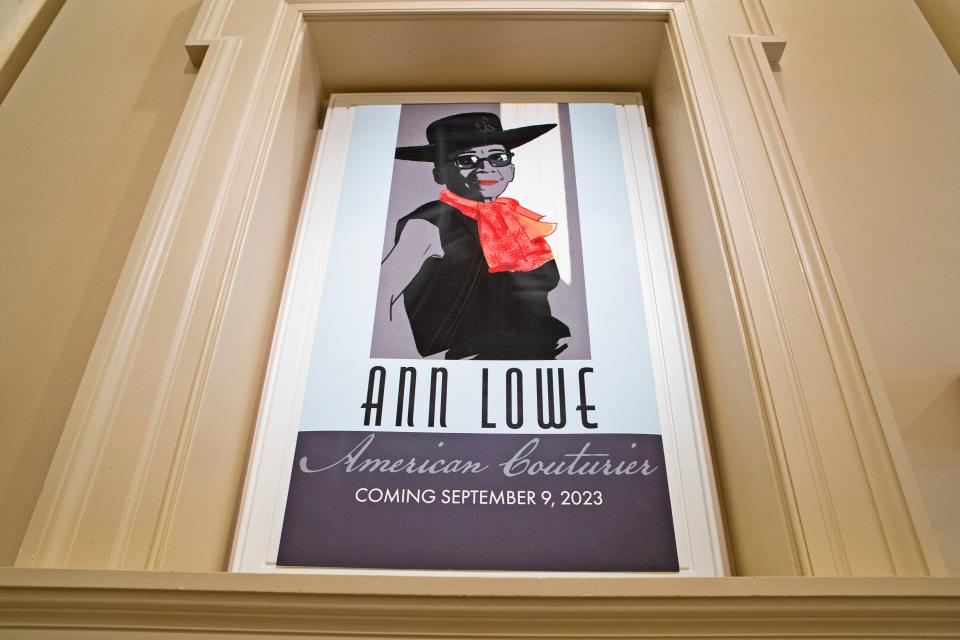 An announcement poster is featured during a media preview of the "Ann Lowe: American Couturier" exhibition at the Winterthur Museum, Garden and Library near Centreville, Wednesday, Aug. 30, 2023. The exhibit features nearly 40 gowns, including some that have never been on display, and runs from Sept. 9 to Jan. 7, 2024.