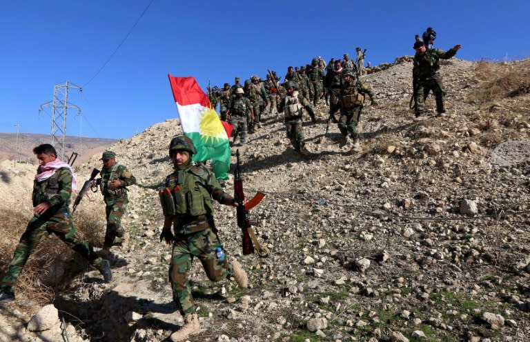 Iraqi autonomous Kurdish region's peshmerga forces and fighters from the Yazidi minority hold a Kurdish flag while entering the northern Iraqi town of Sinjar, in the Nineveh Province, on November 13, 2015