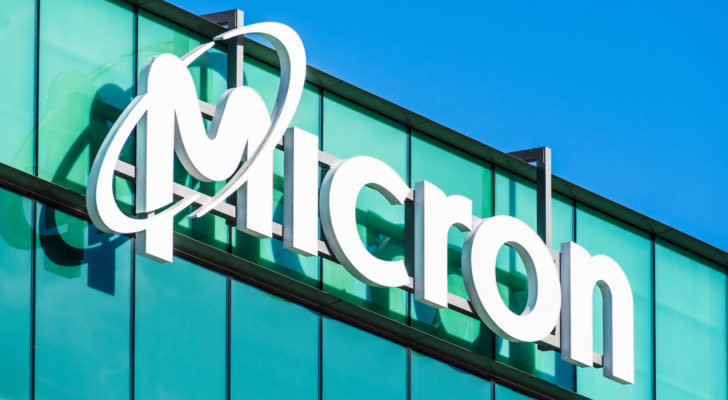 Image of the Micron (MU) name on the side of a building.