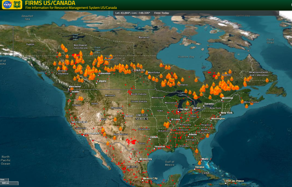Fires are shown burning across Canada in this June 28, 2023 map created by NASA and the Fire Information for Resource Management System US/Canada.