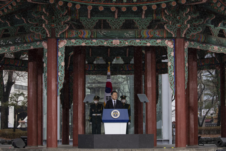 South Korean President Moon Jae-in speaks during a ceremony to mark the 102nd anniversary of the March First Independence Movement Day, the anniversary of the 1919 uprising against Japanese colonial rule in Seoul, South Korea, Monday, March 1, 2021. (Jewon Heon-kyun/Pool Photo via AP)