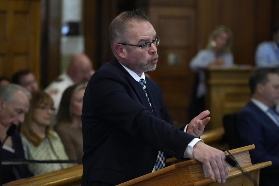 Prosecutor Adam Lally questions witness Matthew McCabe during the trial of Karen Read at Norfolk County Superior Court, Friday, May 17, 2024, in Dedham, Mass. Read, 44, is accused of running into her Boston police officer boyfriend with her SUV in the middle of a nor'easter and leaving him for dead after a night of heavy drinking. (AP Photo/Charles Krupa, Pool)