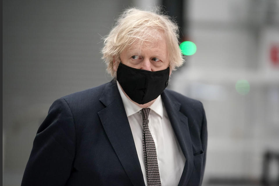 Prime Minister Boris Johnson during a visit to BAE Systems at Warton Aerodrome in Lancashire, to mark the publication of the Integrated Review and the Defence White Paper. Picture date: Monday March 22, 2021.