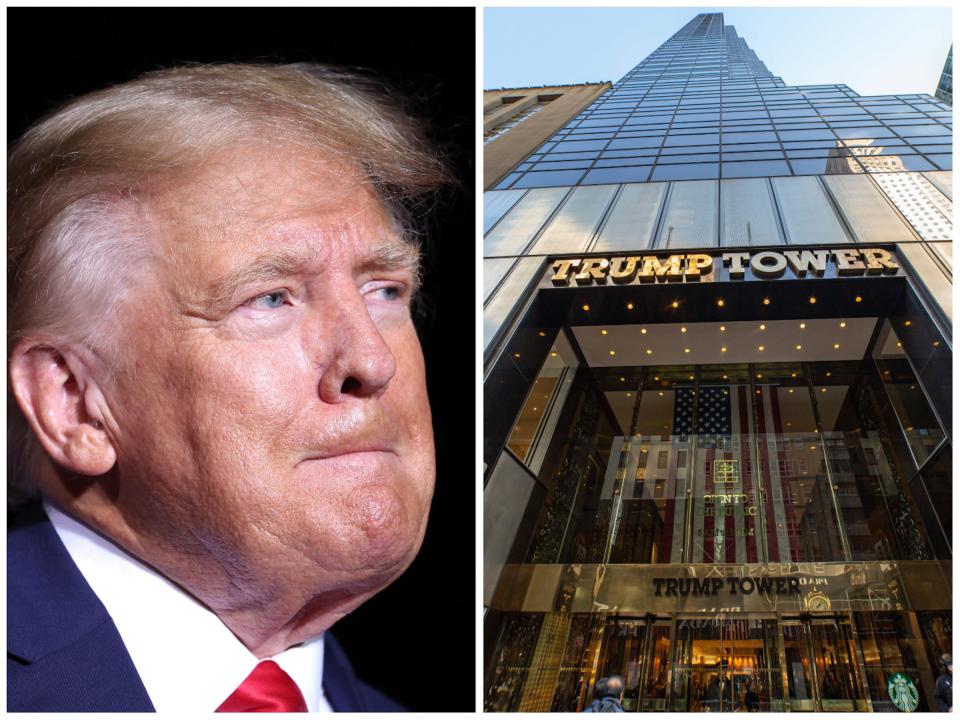 This side-by-side photo shows former President Donald Trump, left, and the exterior of Trump Tower, where the Trump Organization is headquartered.