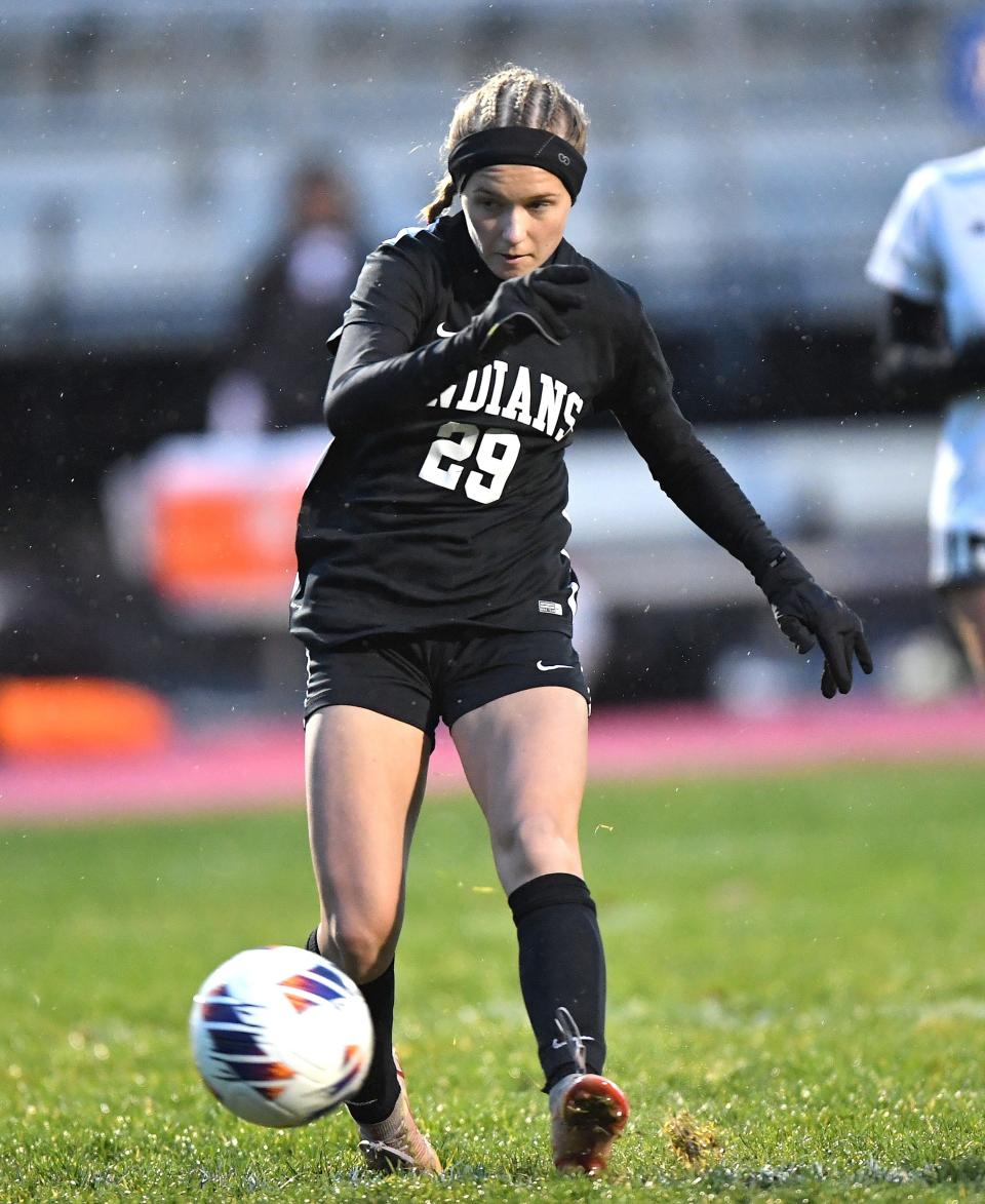 Conemaugh Township's Izzy Slezak scores from out front against Northern Bedford County during a District 5 Class 1A girls soccer semifinal, Oct. 30, in Davidsville.