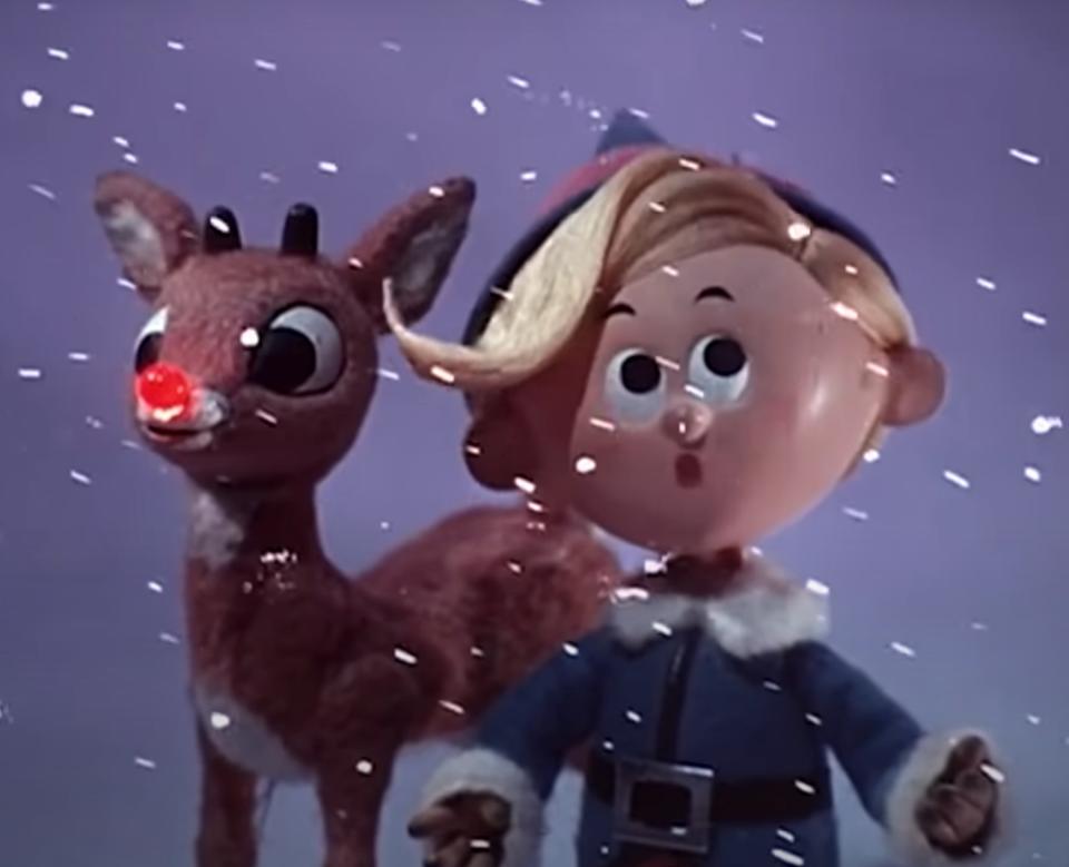 Rudolph and misfit elf Hermey brave the winter snow in "Rudolph the Red-Nosed Reindeer"