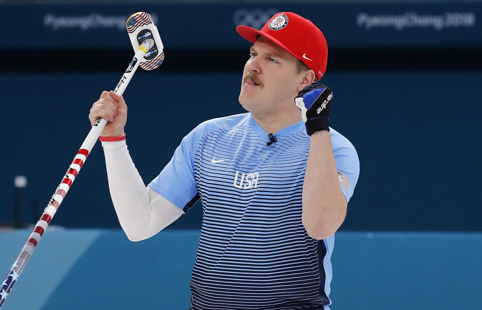 Matt Hamilton celebrates the U.S. men’s curling victory over Canada on Monday. (AP)