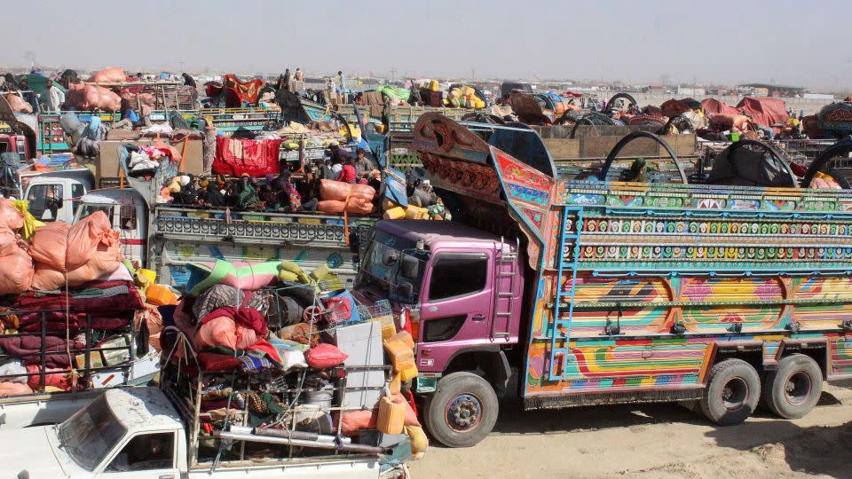 Afghan refugees arrive in trucks and cars to cross the Pakistan-Afghanistan border in Chaman on October 31, 2023 - Abdul Basit/AFP/Getty Images