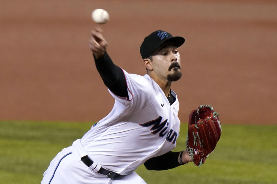 Miami Marlins starting pitcher Pablo Lopez throws during the first inning of a baseball game against the Philadelphia Phillies, Monday, Sept. 14, 2020, in Miami. (AP Photo/Lynne Sladky)