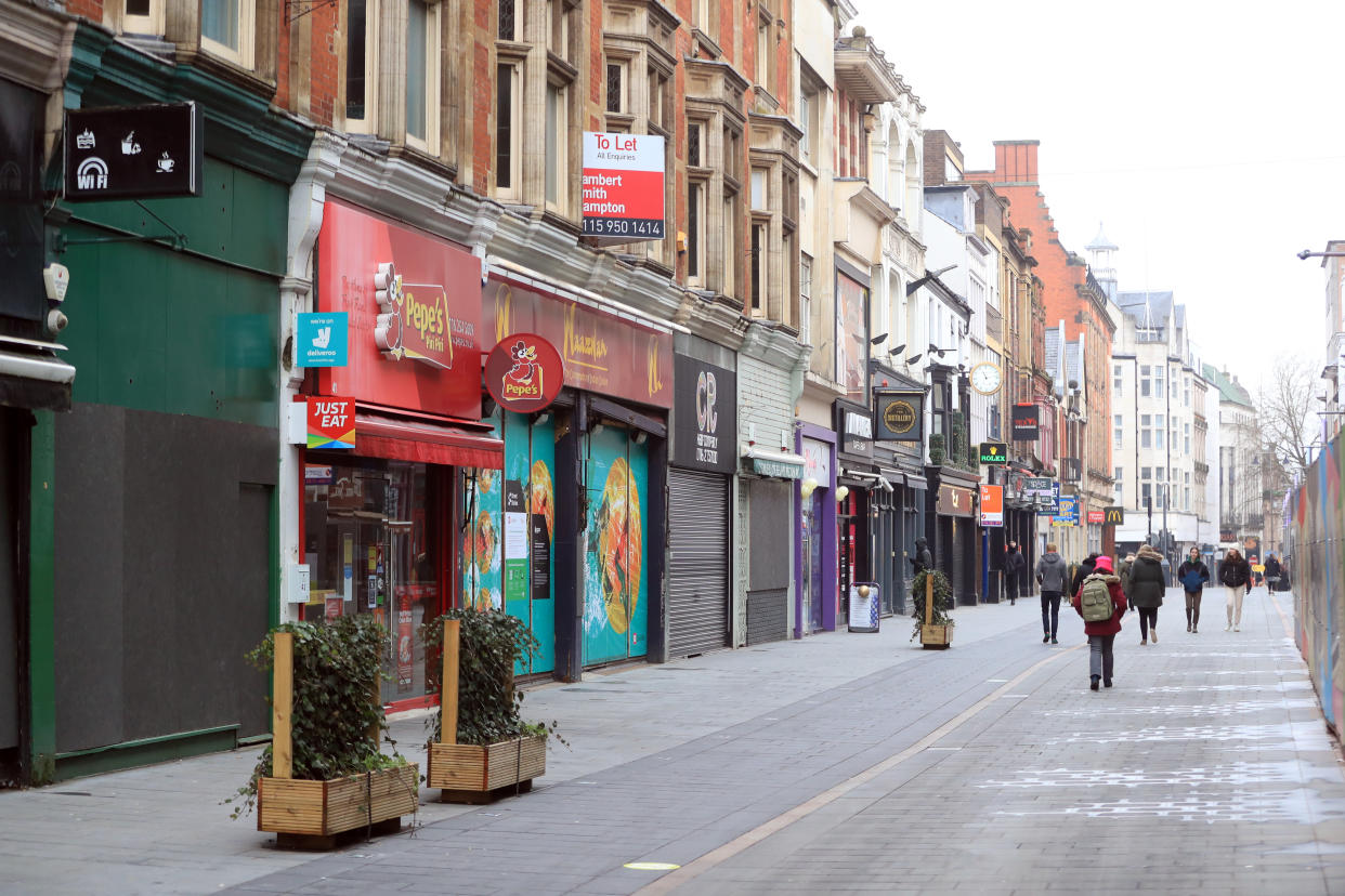 Many shops remain closed on the High Street in Leicester during England's third national lockdown to curb the spread of coronavirus. (Photo by Mike Egerton/PA Images via Getty Images)