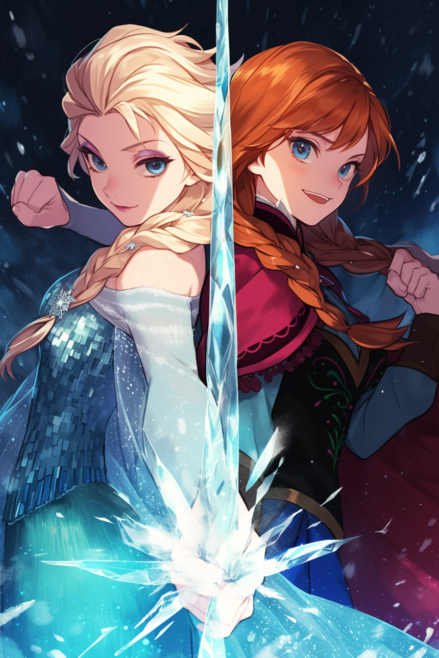 Elsa and Anna from Frozen in a stylized illustration, back-to-back, with a magical icy effect between them