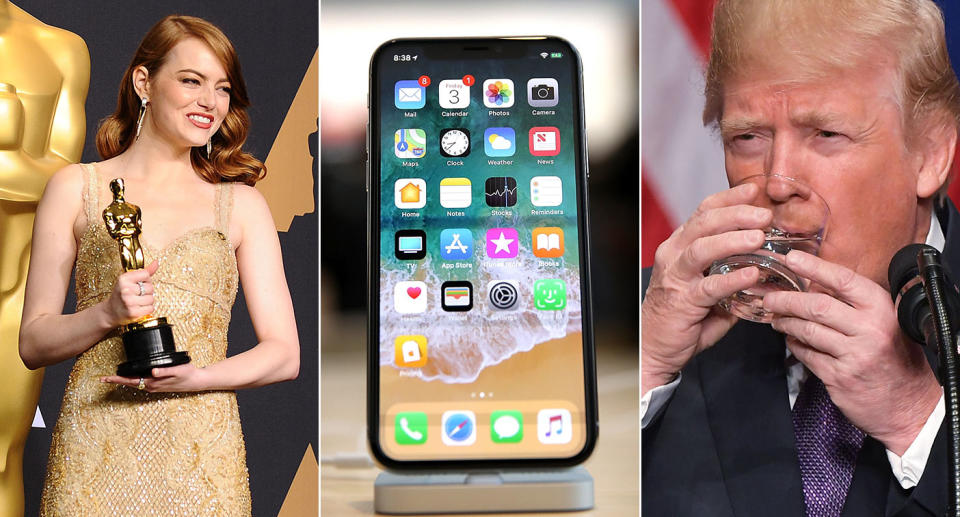 The Oscars, the iPhone X and Donald Trump all made the headlines in the last 12 months. (PA)