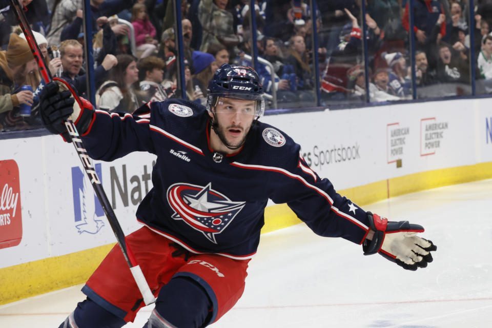 Columbus Blue Jackets' Justin Danforth celebrates his goal against the Toronto Maple Leafs during the second period of an NHL hockey game Saturday, Dec. 23, 2023, in Columbus, Ohio. (AP Photo/Jay LaPrete)