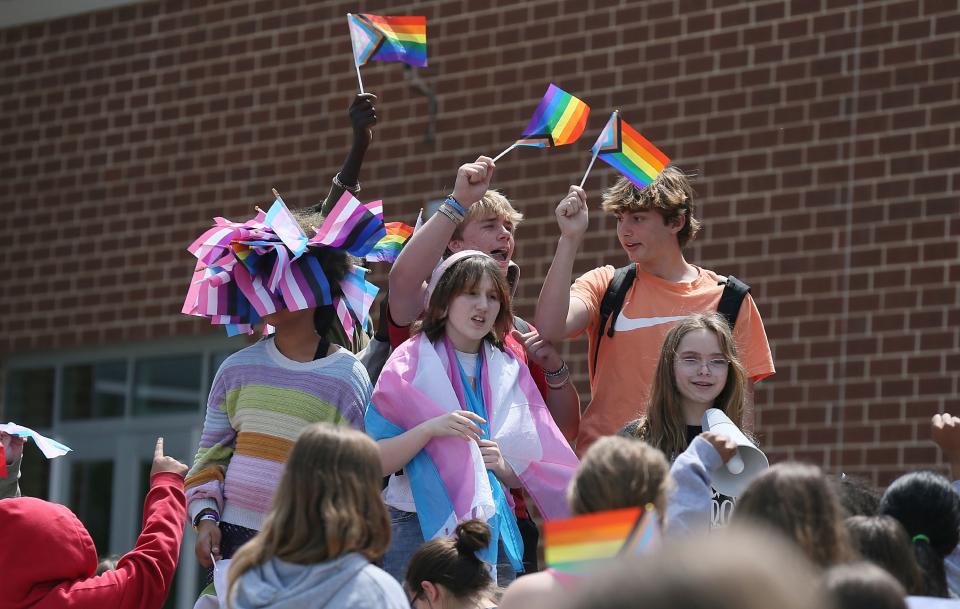 Ames Middle School Students walk out from the class to protest LGBTQ right al the school on Wednesday, May 15, 2024, in Ames, Iowa