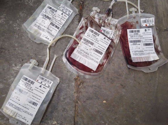 Used blood collection bags from a blood donation center in Yiyang, Hunan, south-central China.