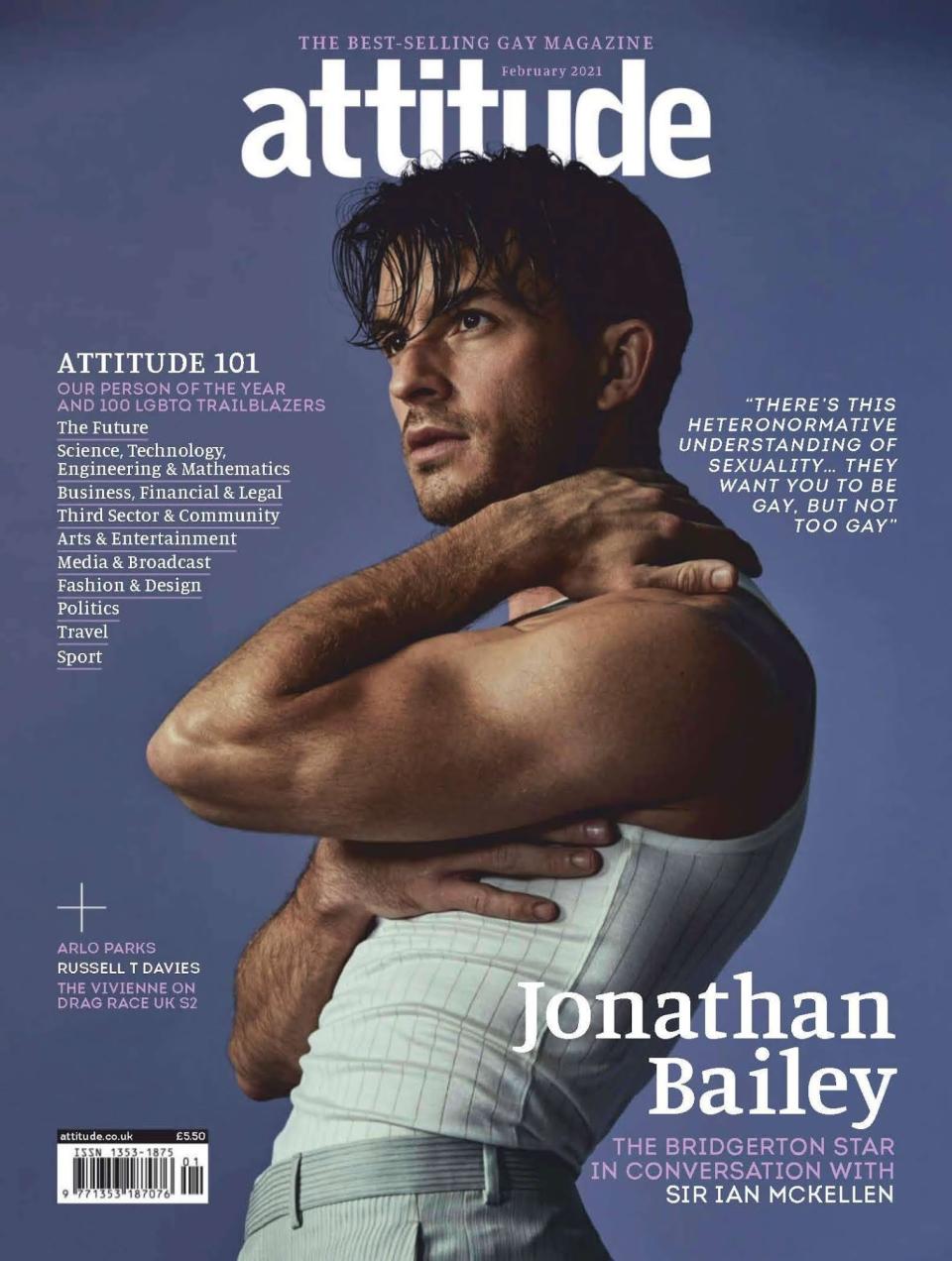 El artista ha protagonizado la portada de Attitude Magazine de febrero de 2021. La revista ha publicado una conversación entre Bailey, abiertamente gay, e Ian McKellen sobre la homosexualidad en la industria cinematográfica. También le hemos visto en el último número de <a href="https://www.instagram.com/p/CJtdSZbptM8/" rel="nofollow noopener" target="_blank" data-ylk="slk:Man About Town;elm:context_link;itc:0;sec:content-canvas" class="link ">Man About Town</a>. (Foto: <a href="https://attitude.co.uk/article/bridgerton-star-jonathan-bailey-talks-sexuality-and-acting-with-sir-ian-mckellen-1/24261/" rel="nofollow noopener" target="_blank" data-ylk="slk:Attitude Magazine;elm:context_link;itc:0;sec:content-canvas" class="link ">Attitude Magazine</a>)