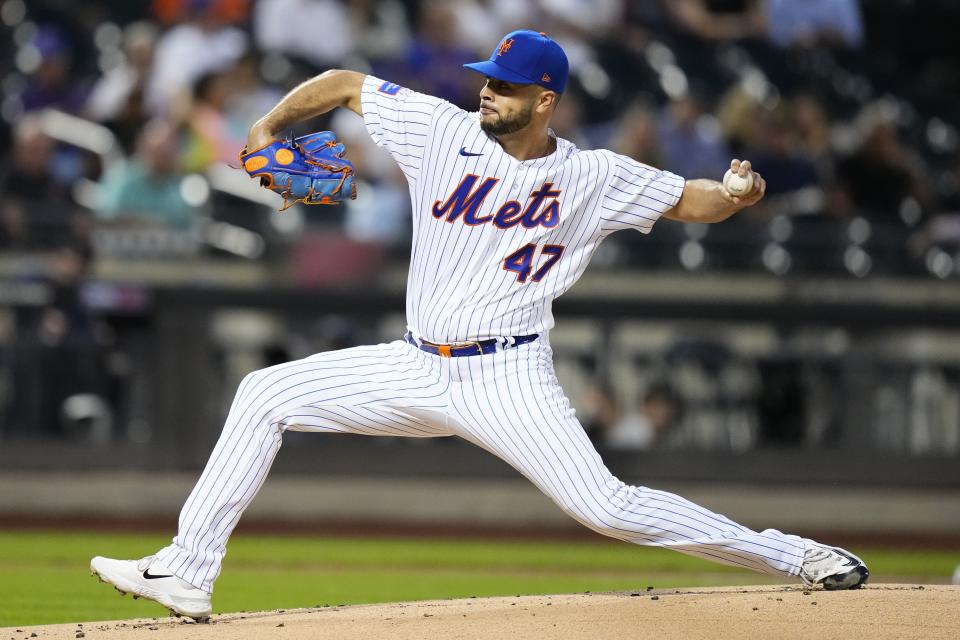 New York Mets' Joey Lucchesi pitches during the first inning of the team's baseball game against the Arizona Diamondbacks, Wednesday, Sept. 13, 2023, in New York. (AP Photo/Frank Franklin II)