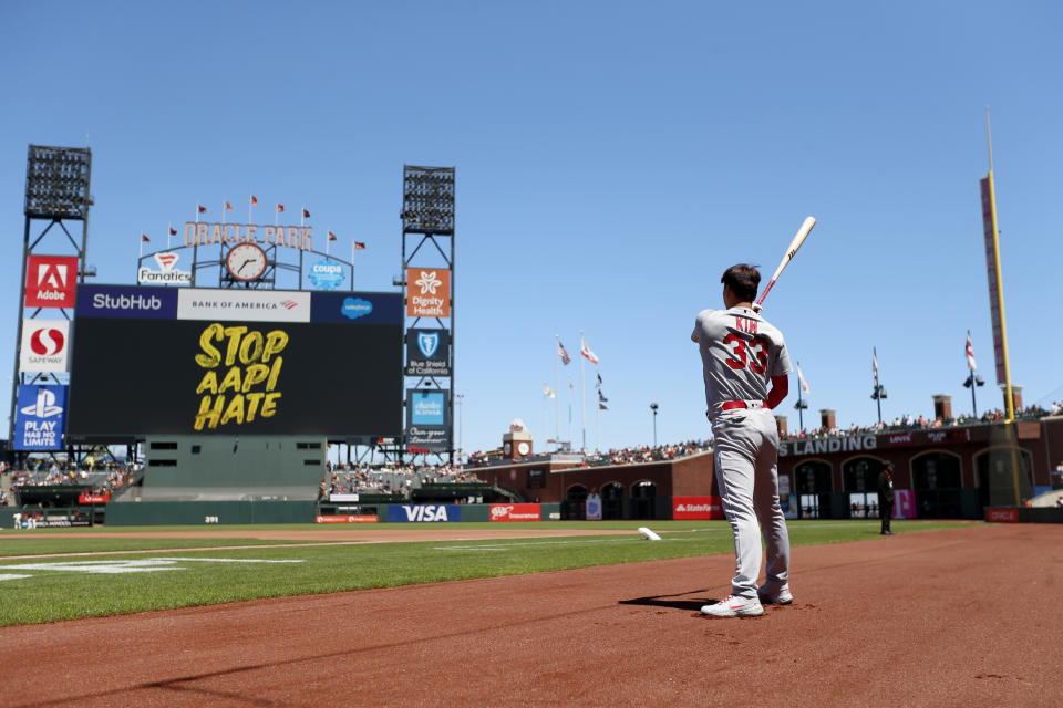 St. Louis Cardinals' Kwang Hyun Kim warms up prior to a baseball game against the San Francisco Giants in San Francisco, Monday, July 5, 2021. (AP Photo/Jed Jacobsohn)