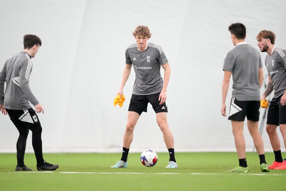 Jan 11, 2023; Columbus, Ohio, USA;  Columbus Crew 2 defender Philip Quinton controls the ball during training at the OhioHealth Performance Center. Mandatory Credit: Adam Cairns-The Columbus Dispatch