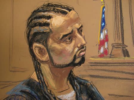 Haroon Aswat, 41, is shown in this courtroom sketch during sentencing in U.S. Federal court in New York October 16, 2015. Aswat, a mentally ill British man who U.S. authorities said helped try to set up a training camp in oregon in 1999 at the behest of radical London Iman Abu Hamza al-Masri was sentenced on Friday to 20 years in prison. REUTERS/Jane Rosenberg NO SALES. NO ARCHIVES. FOR EDITORIAL USE ONLY. NOT FOR SALE FOR MARKETING OR ADVERTISING CAMPAIGNS