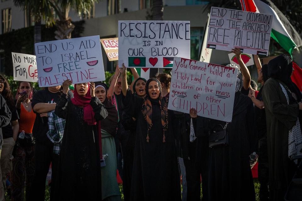 Supporters hold signage during a Palestinian rally on the grassy median on Okeechobee Boulevard between Florida and Alabama Avenues in downtown West Palm Beach, Fla., on November 19, 2023.