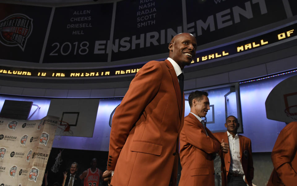 Ray Allen, a class of 2018 inductee into the Basketball Hall of Fame, smiles as he walks off stage at the end of a news conference at the Naismith Memorial Basketball Hall of Fame, Thursday, Sept. 6, 2018, in Springfield, Mass. (AP Photo/Jessica Hill)